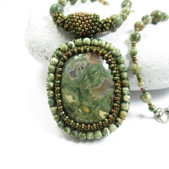 Rhyolite bead embroidered Necklace - Picture 13 of 15